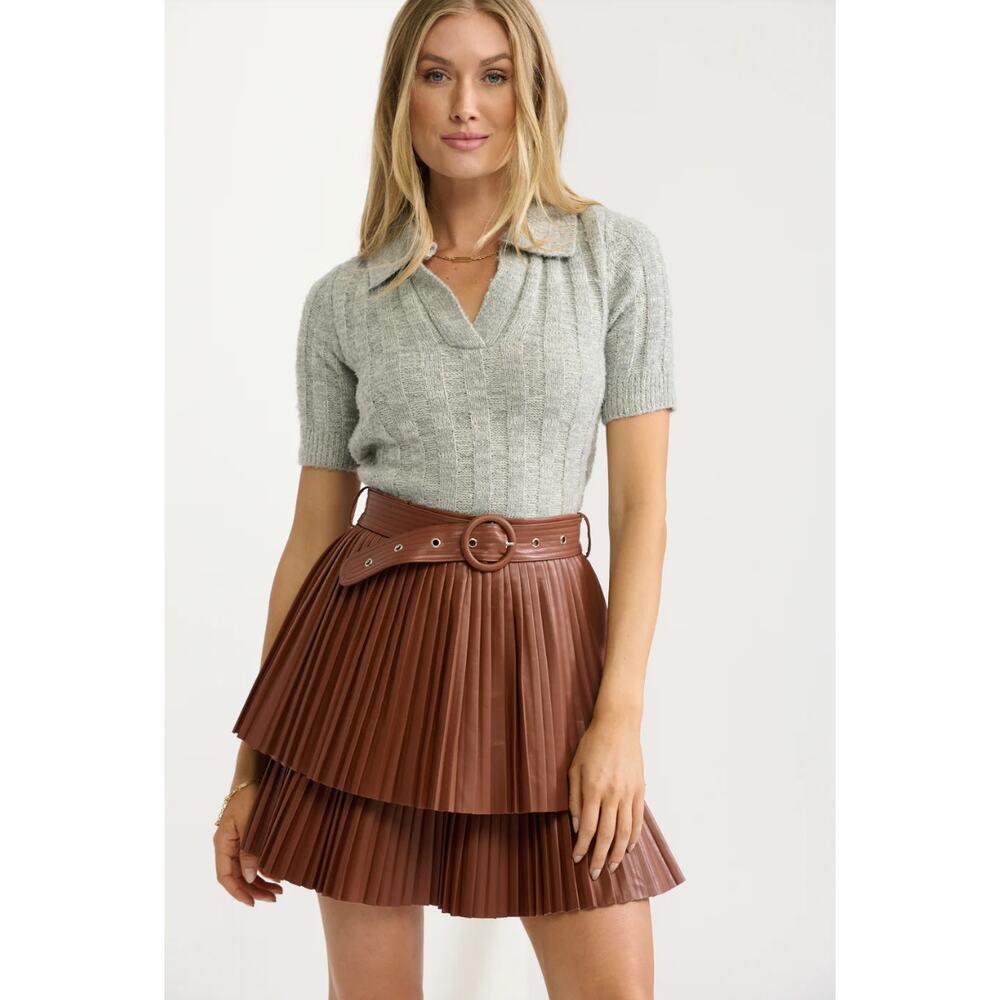 Vestique Camel Brown Vegan Faux Leather Belted Tiered Short Mini Skirt Small NWT